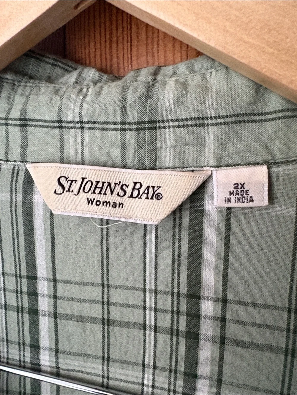 St. John's Bay Light Sage Plaid Button-Front Short Sleeve Shirt